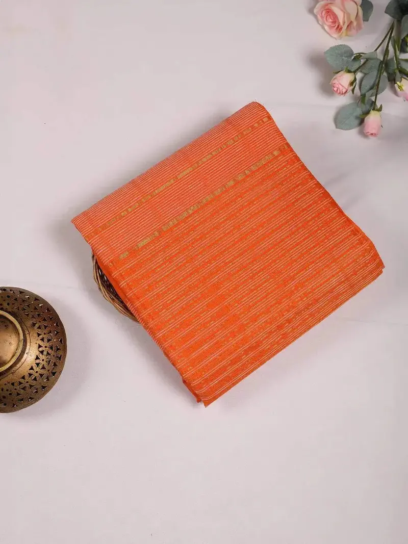 Orange Cotton Saree With Jute Design On The Body Without Border 1