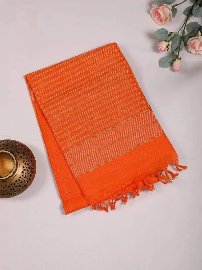 Orange Cotton Saree With Jute Design On The Body Without Border 2