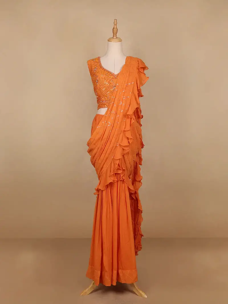 Orange Embroidery Georgette Ready To Wear Saree With Designer Blouse 1