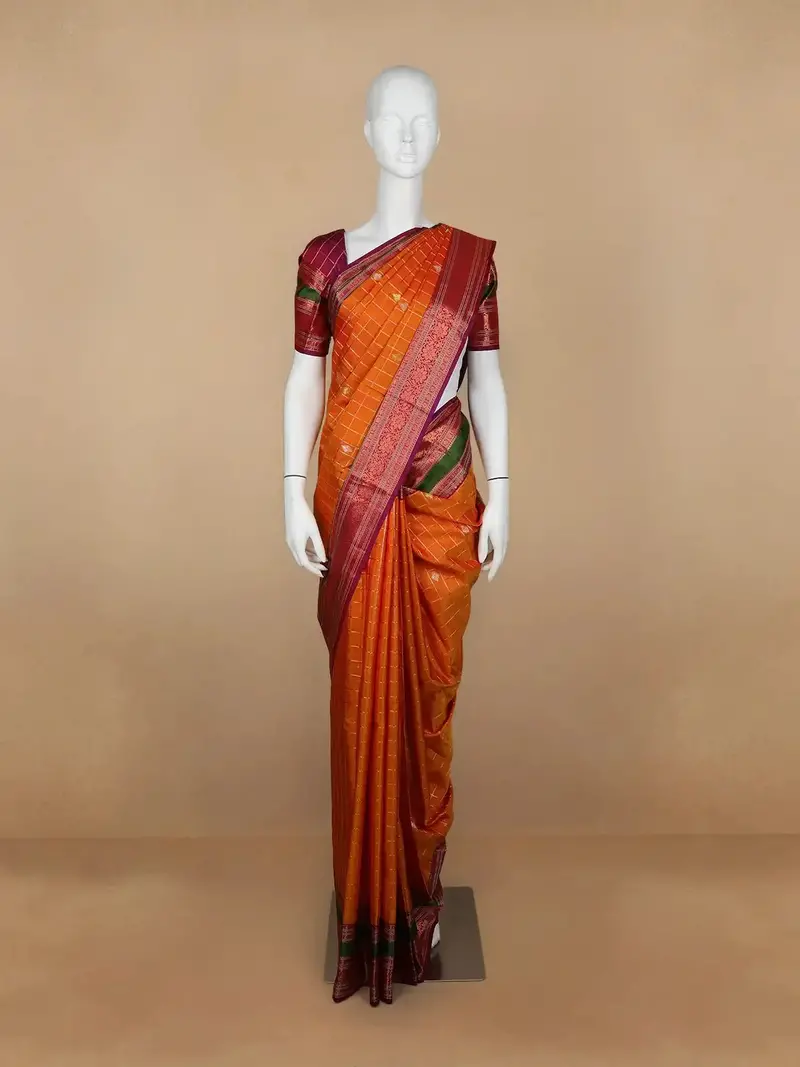 Orange Floral And Checks Woven Pure Kanchipuram Silk Saree 1