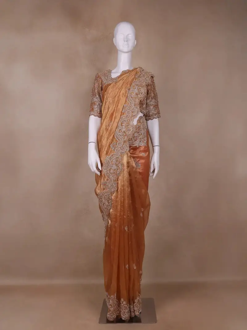 Orange Floral And Paisley Designed Tissue Organza Saree 1