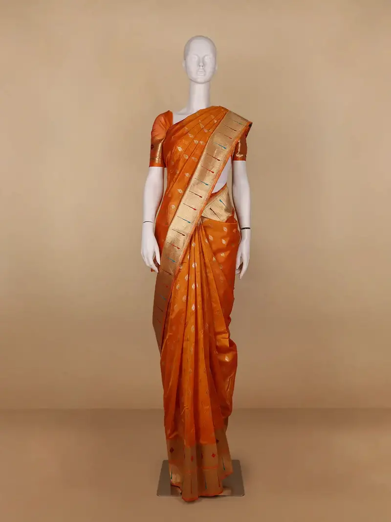 Orange Floral And Peacock Motif Soft Silk Saree 1