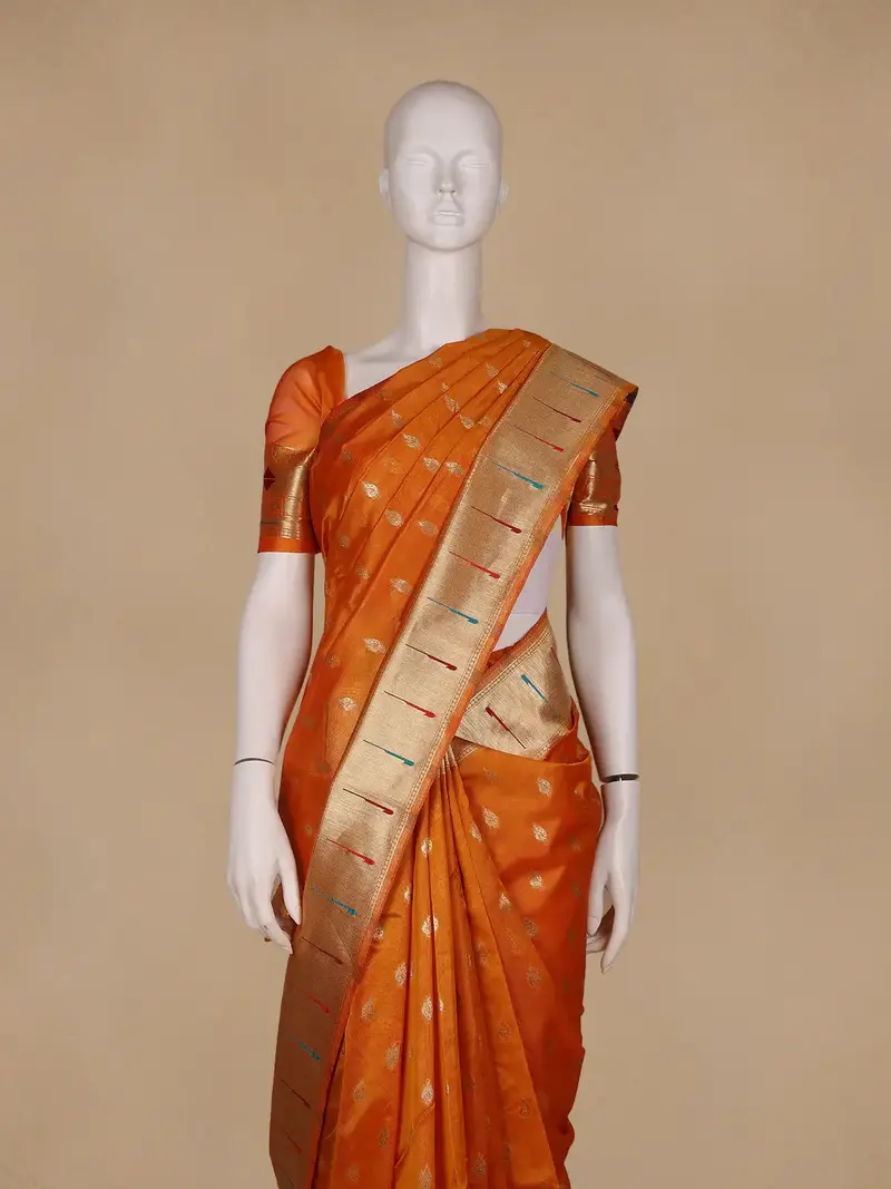 Orange Floral And Peacock Motif Soft Silk Saree 2