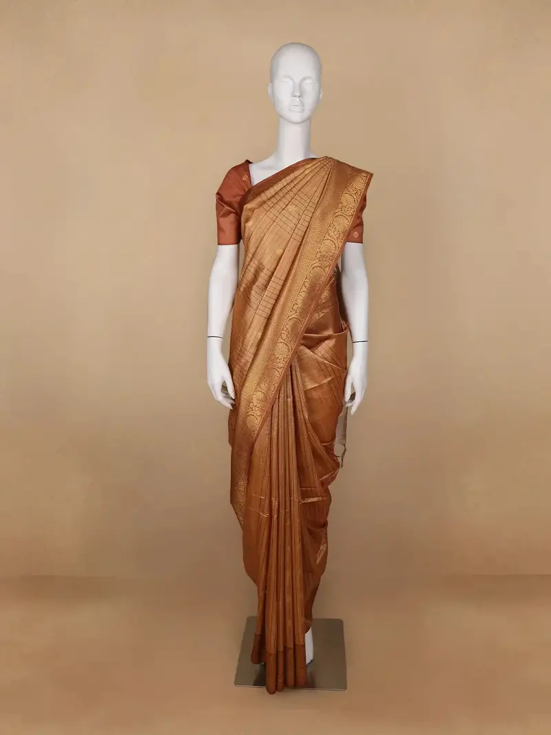 Orange Floral And Stripes Designed Semi Tussar Saree 1