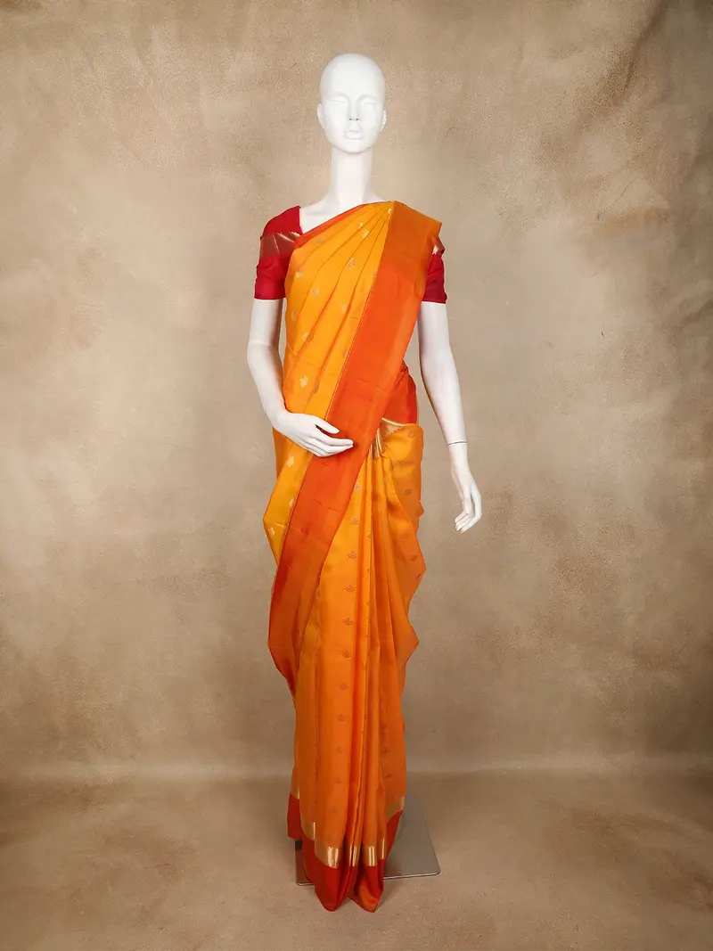 Orange Floral Butta Woven Kanchipuram Silk Saree With Zari Border 1