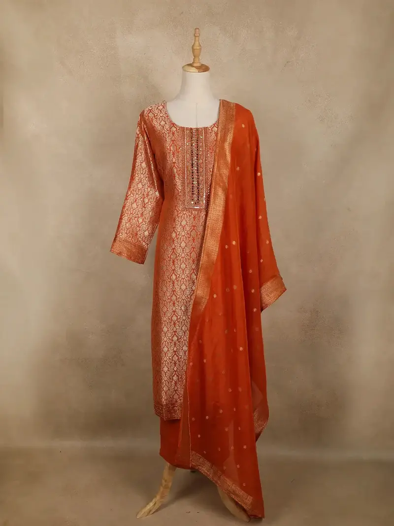 Orange Floral Design Banarasi Silk Salwar Suit 1