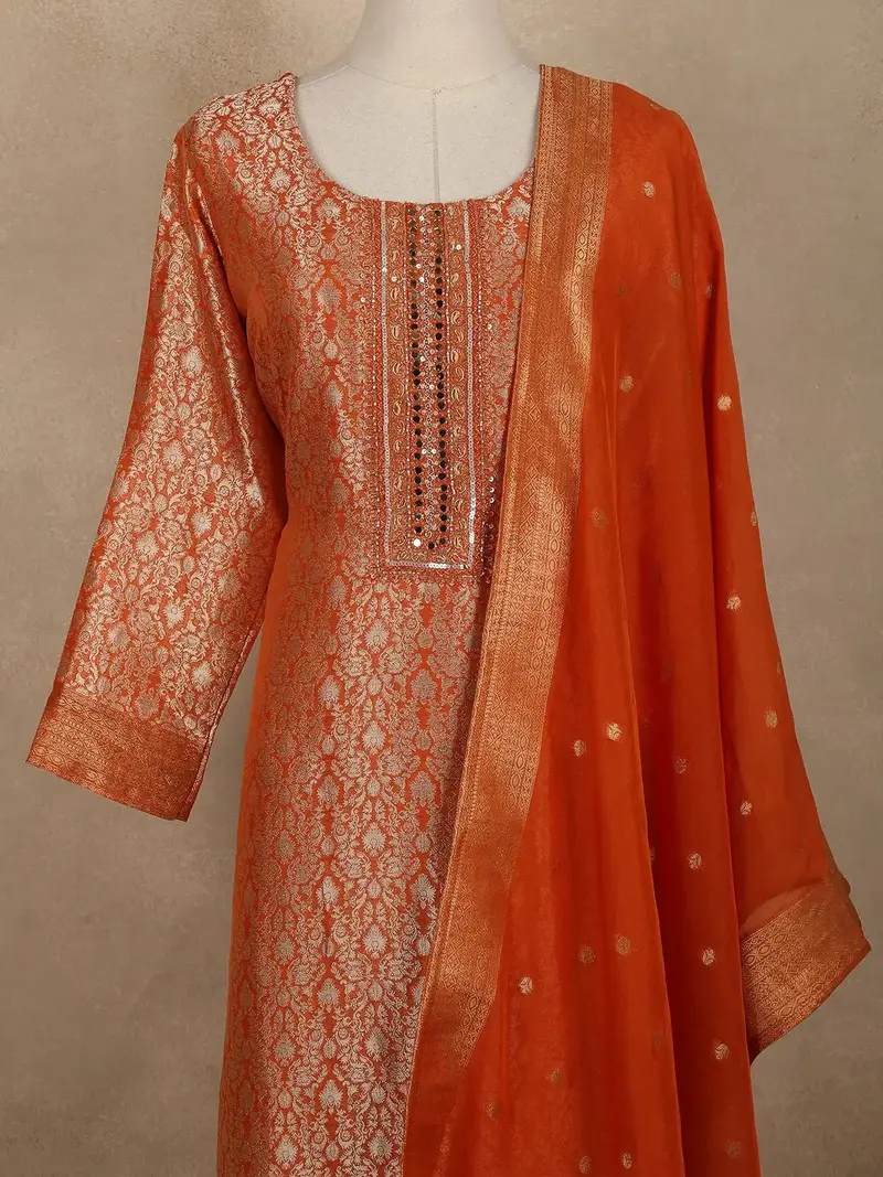 Orange Floral Design Banarasi Silk Salwar Suit 2