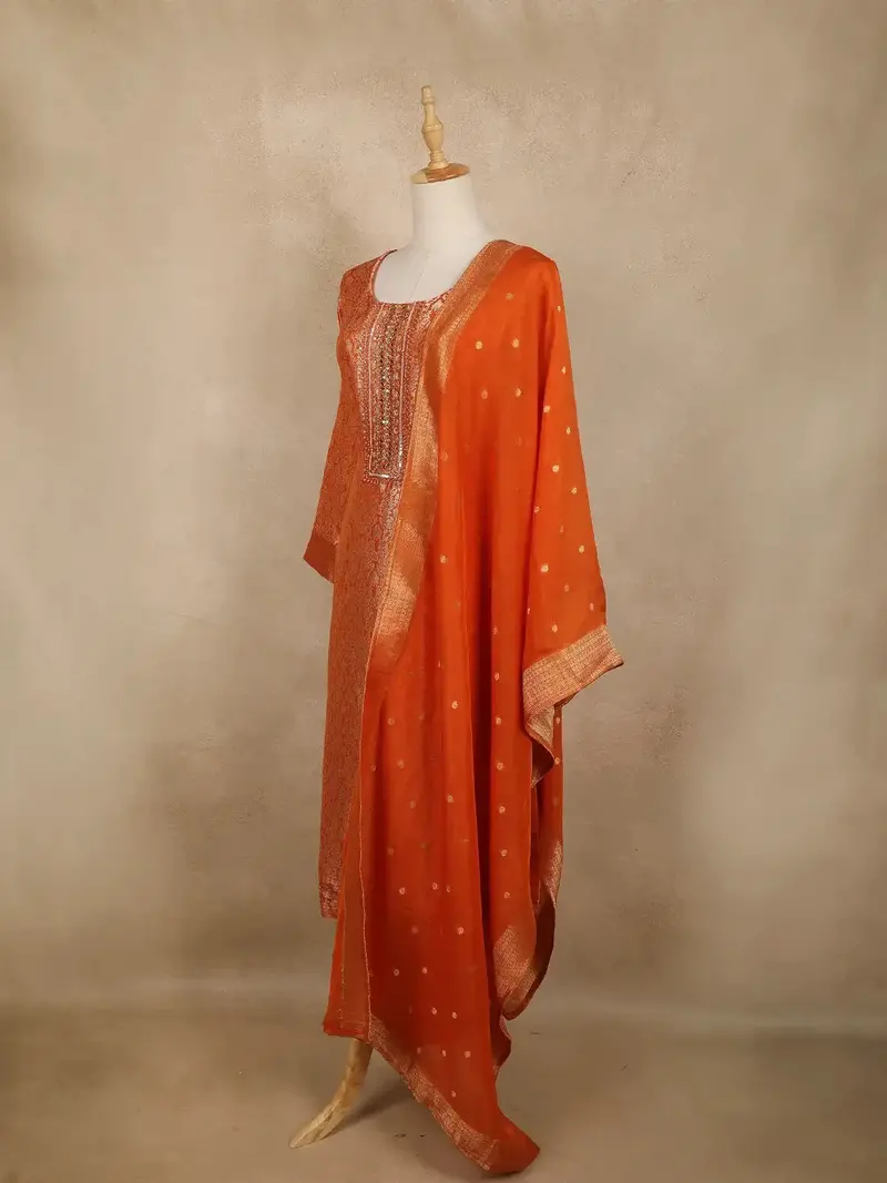 Orange Floral Design Banarasi Silk Salwar Suit 3