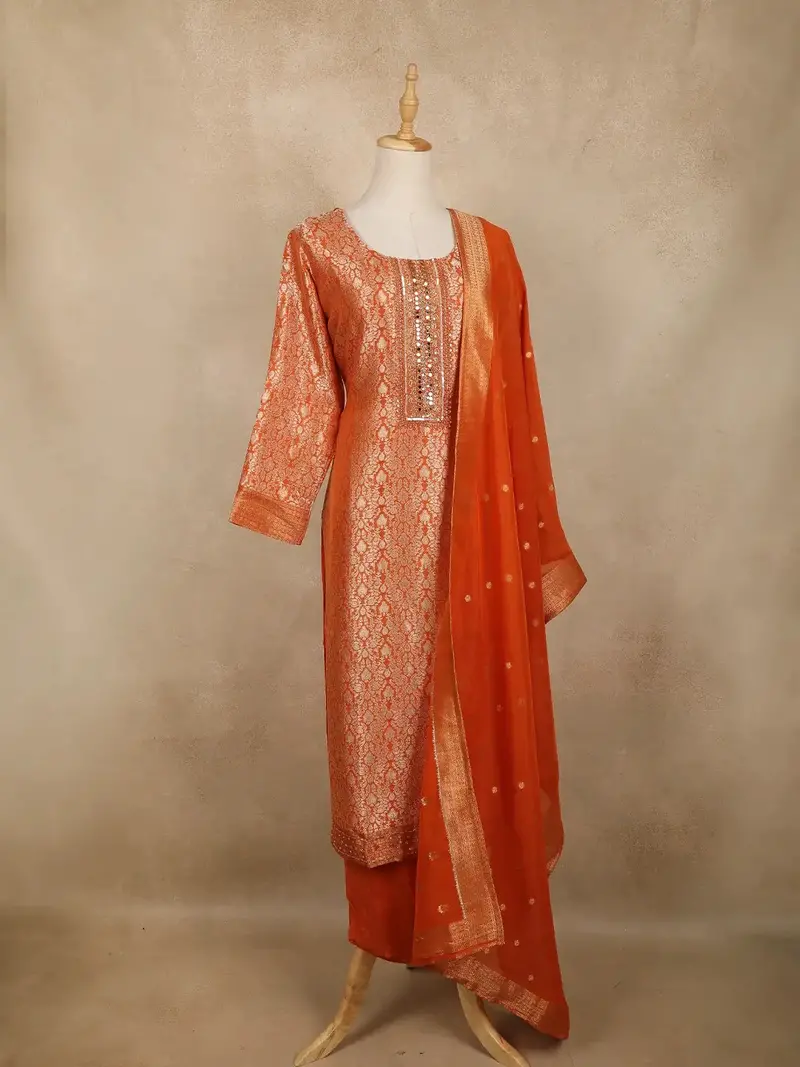 Orange Floral Design Banarasi Silk Salwar Suit 4