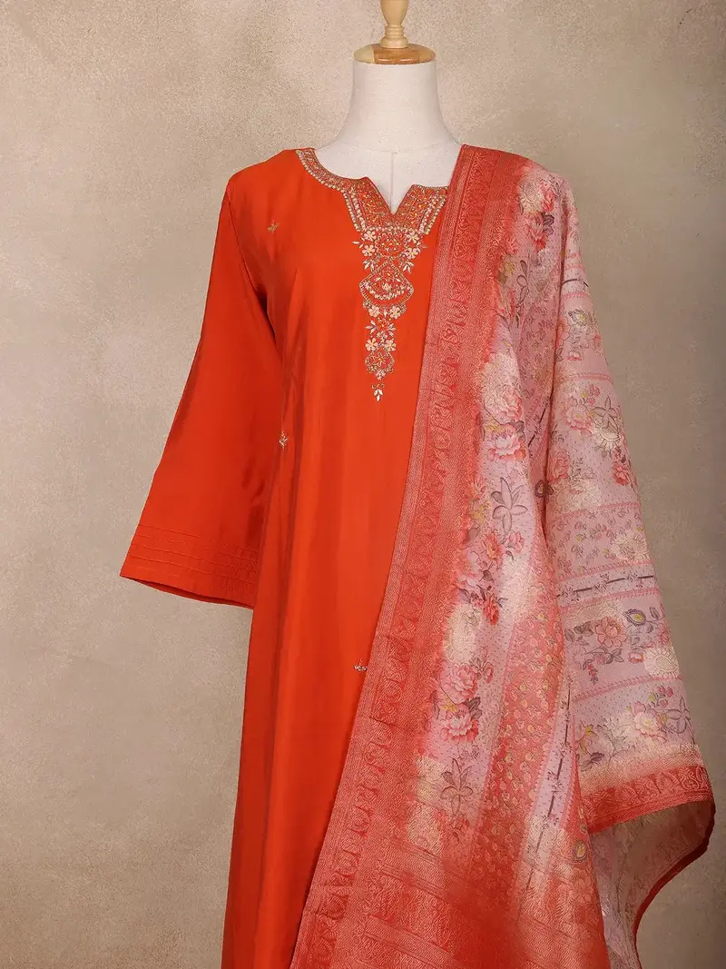 Orange Floral Design Cotton Straight Cut Salwar Suit 1