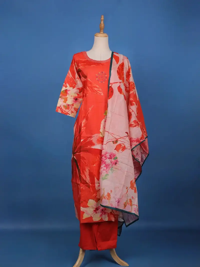 Orange Floral Design Printed Cotton Salwar Suit 1