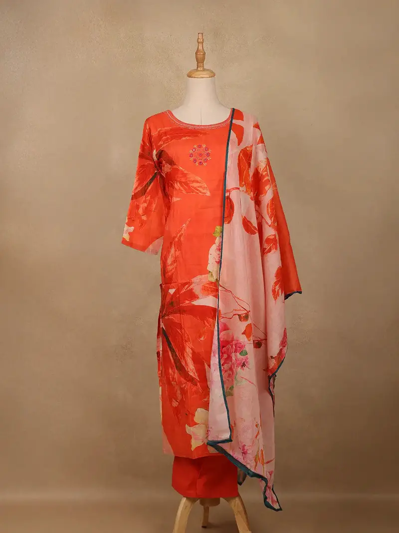 Orange Floral Design Printed Cotton Salwar Suit 1