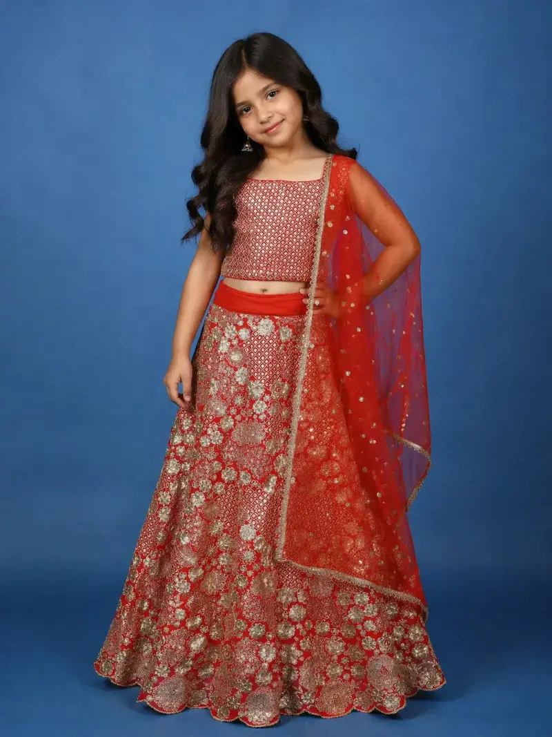 Orange Floral Design Sequins Kids Lehenga 1