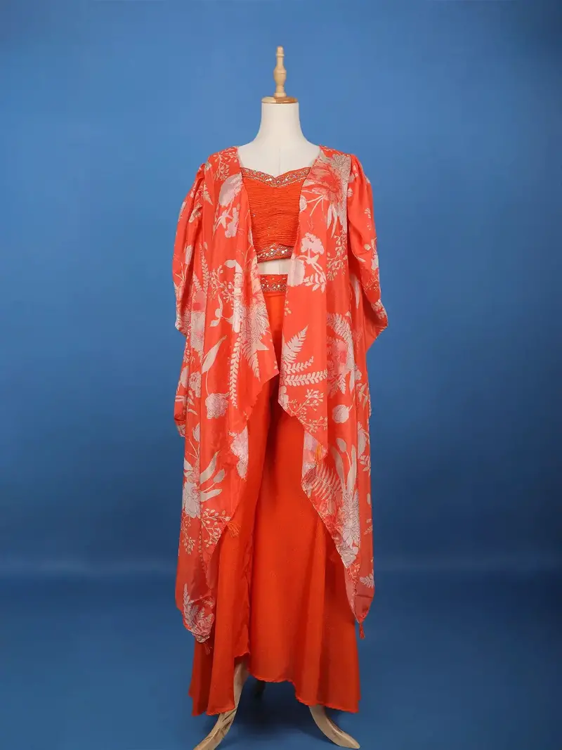 Orange Floral Design Synthetic Palazzo Suit 1