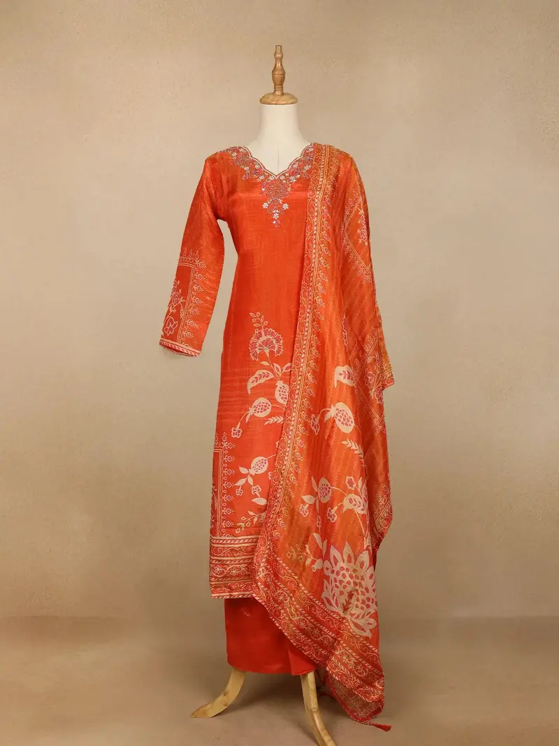 Orange Floral Design Tissue Straight Cut Salwar Suit 1