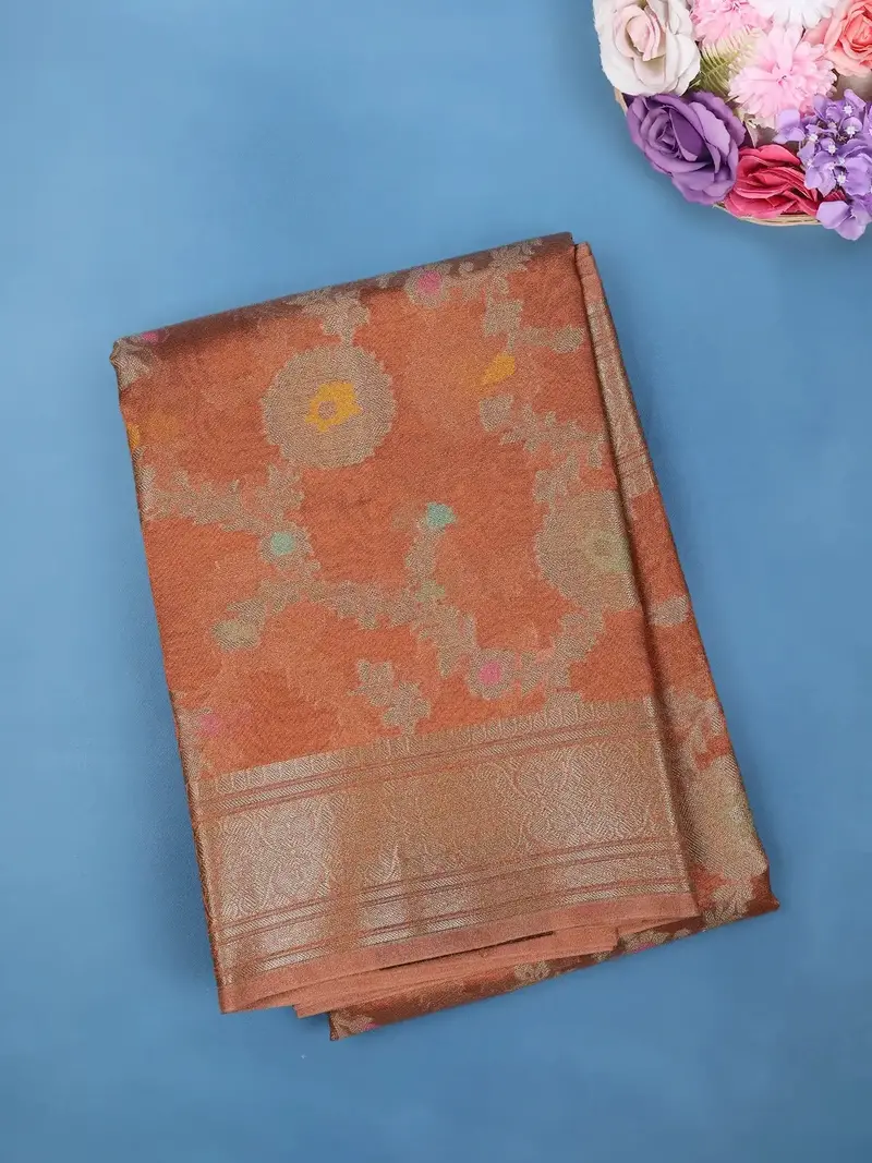 Orange Floral Design Zari Work Tissue Silk Saree 1