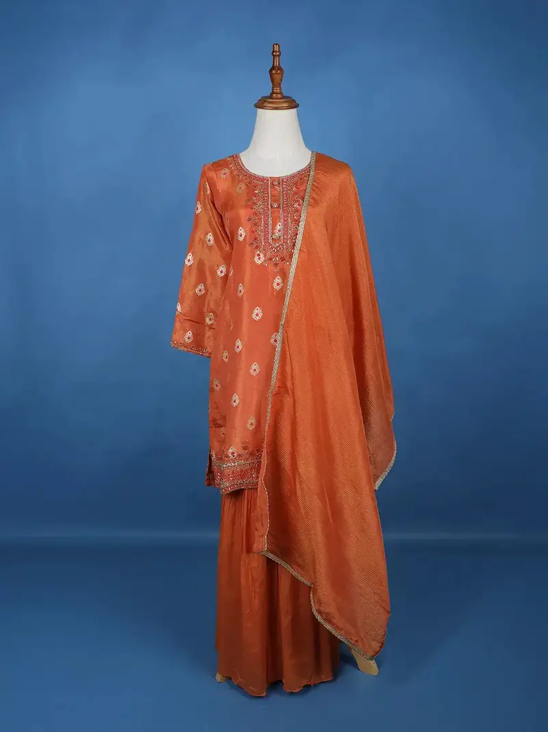 Orange Floral Designed Banarasi Silk Salwar Suit 1
