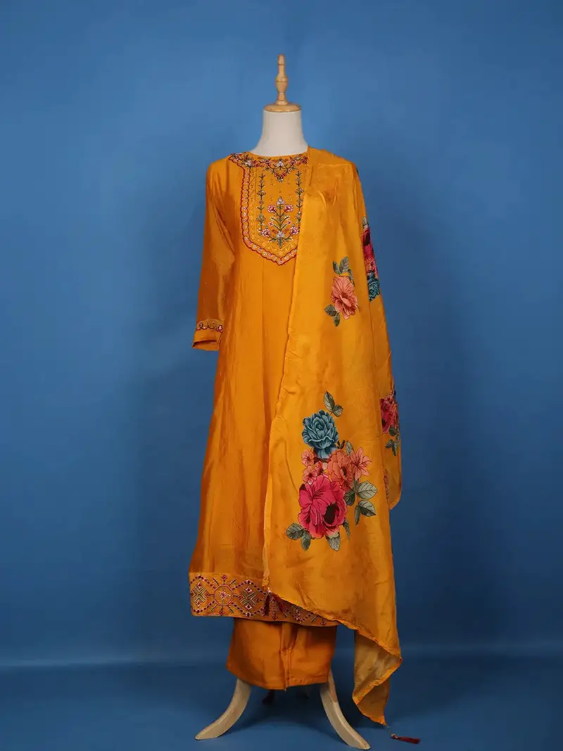 Orange Floral Designed Chiffon Salwar Suit 1