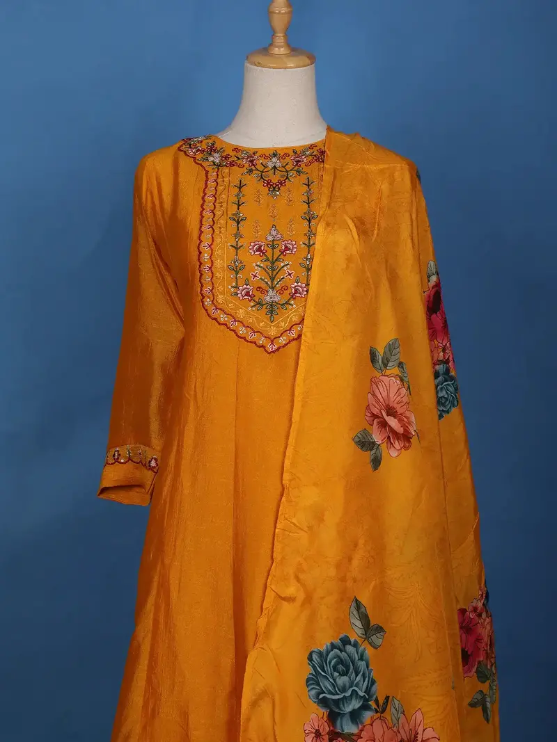 Orange Floral Designed Chiffon Salwar Suit 2