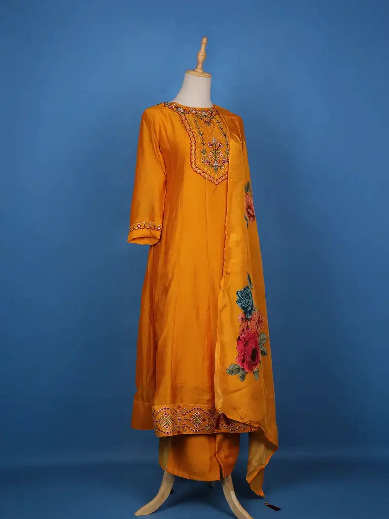 Orange Floral Designed Chiffon Salwar Suit 3