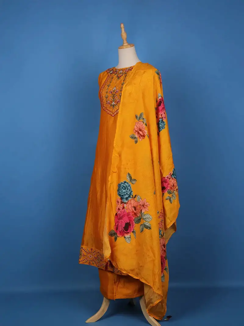 Orange Floral Designed Chiffon Salwar Suit 4