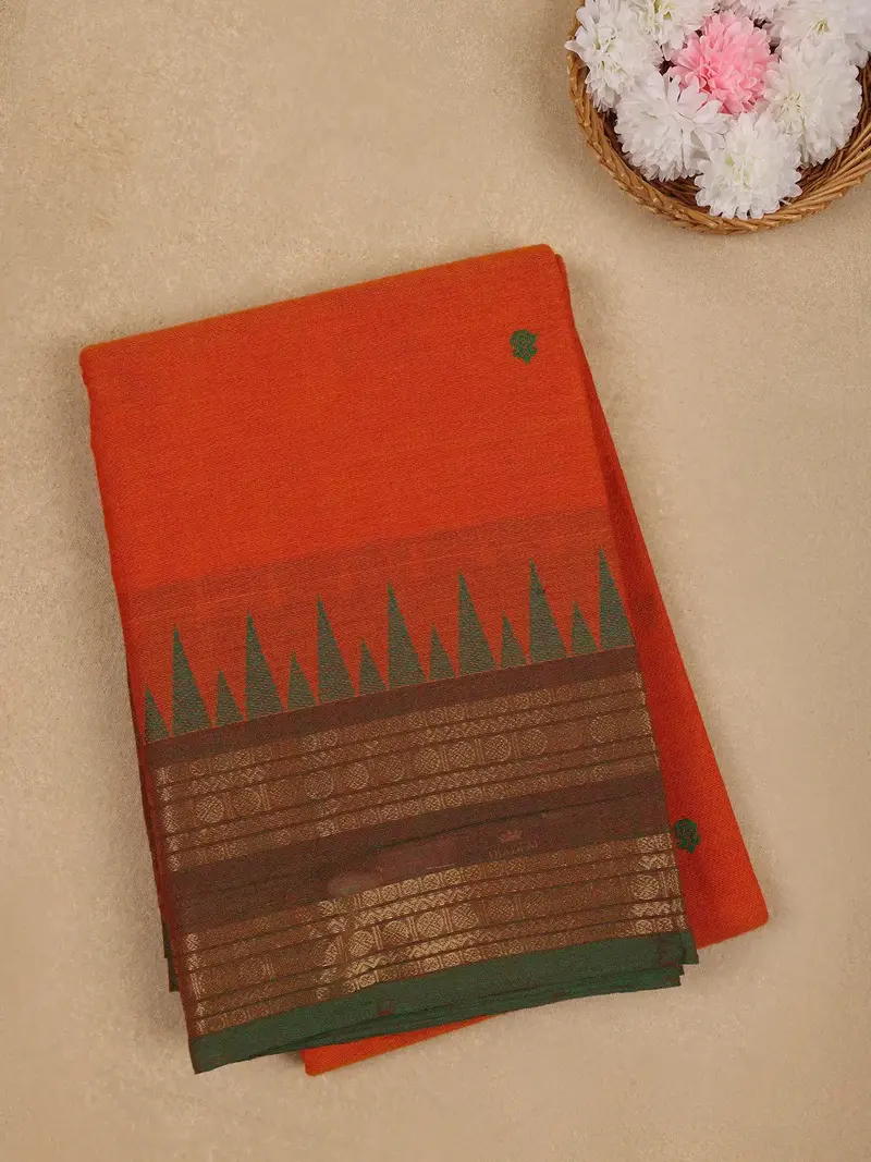 Orange Floral Designed Cotton Saree 1