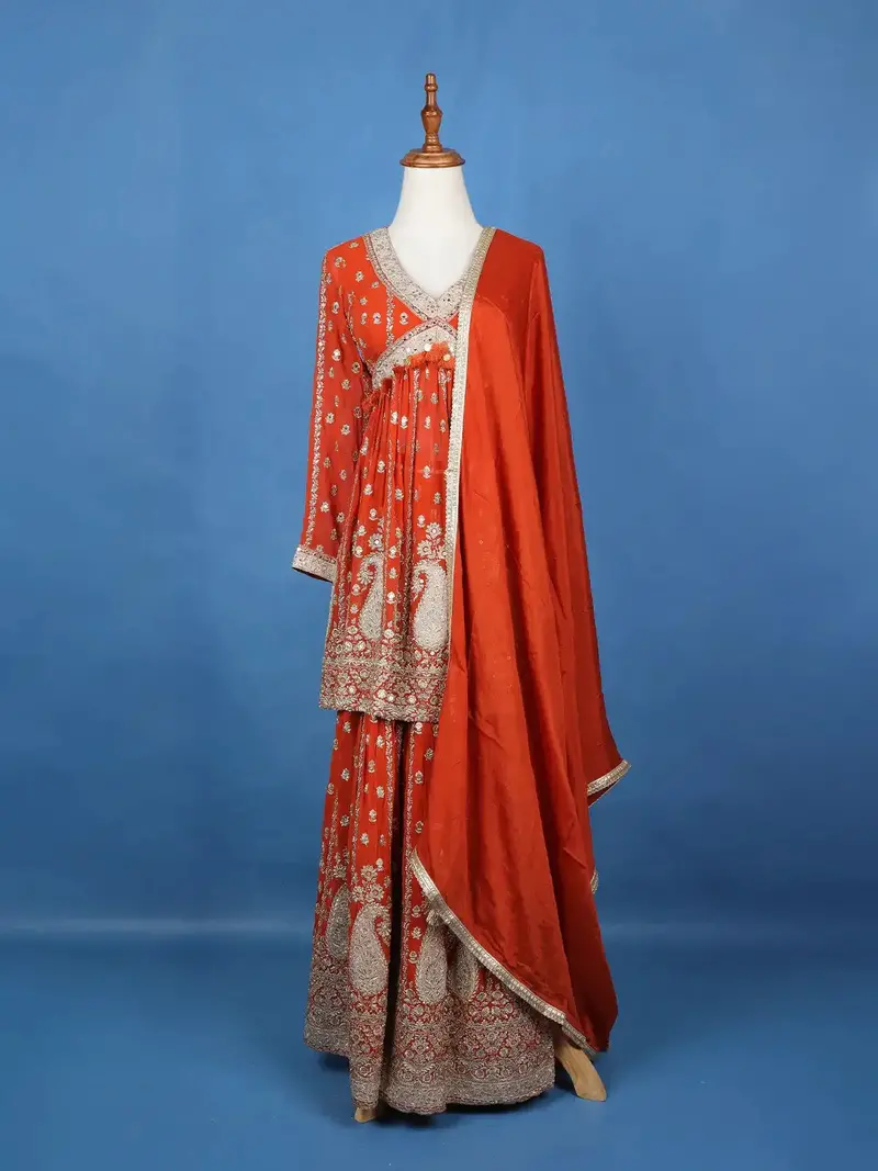 Orange Floral Designed Georgette Sharara Salwar Suit 1