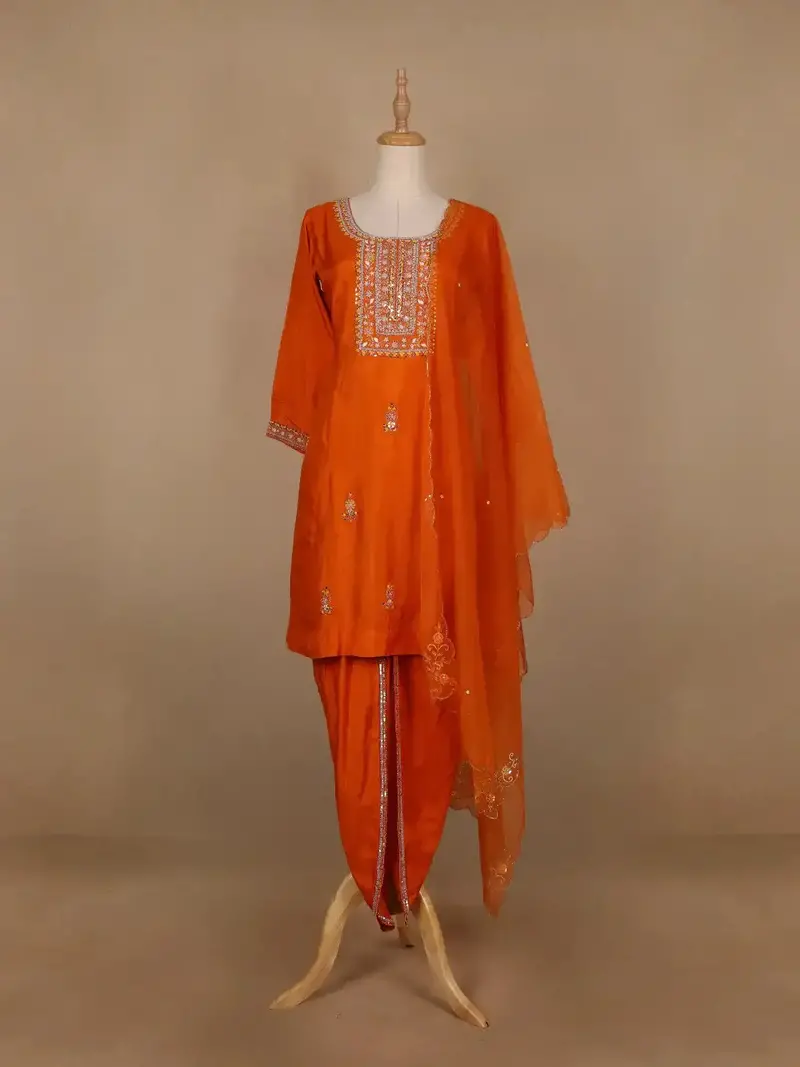 Orange Floral Designed Raw Silk Dhoti Salwar Suit 1