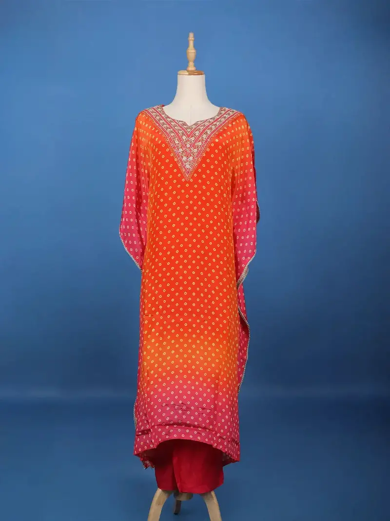 Orange Floral Designed Semi Silk Kaftan Suit 1