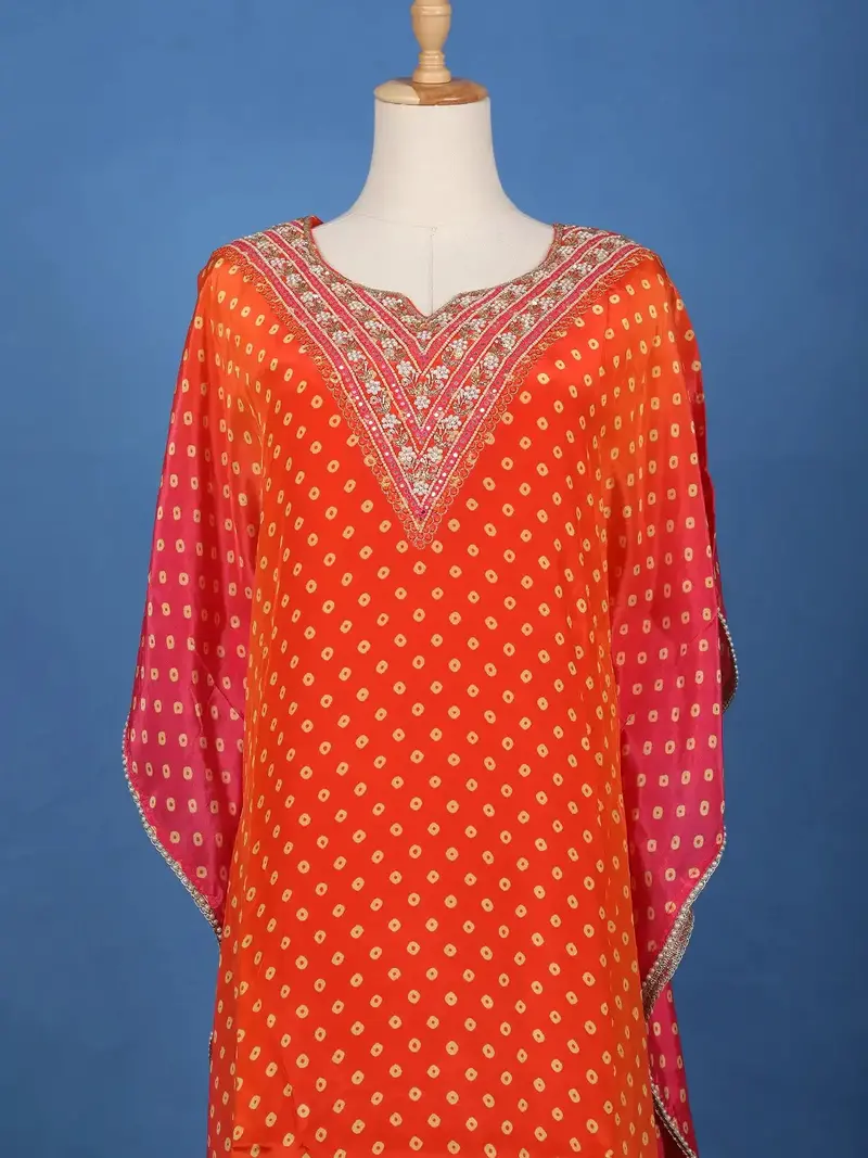 Orange Floral Designed Semi Silk Kaftan Suit 2