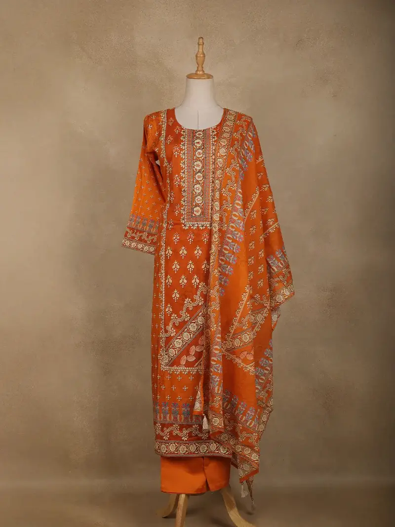 Orange Floral Designed Semi Silk Salwar Suit 1