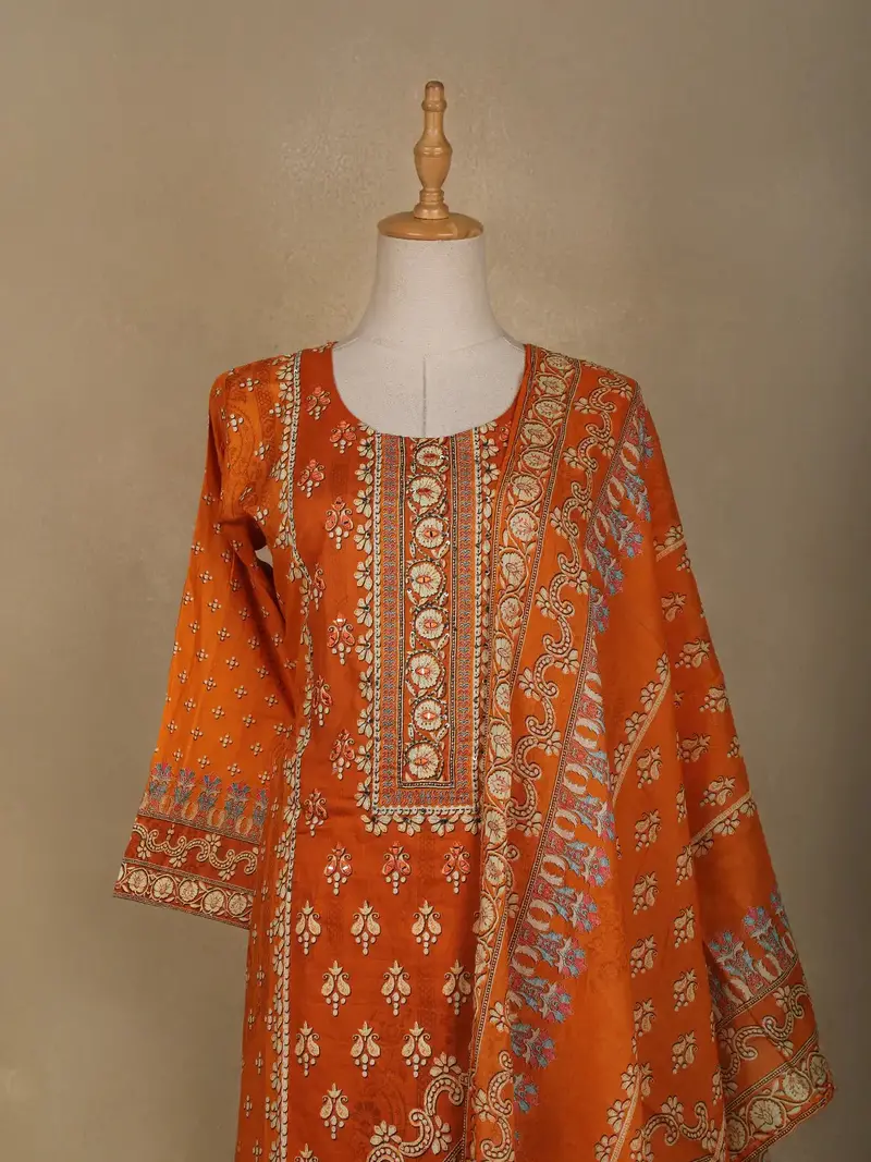 Orange Floral Designed Semi Silk Salwar Suit 2