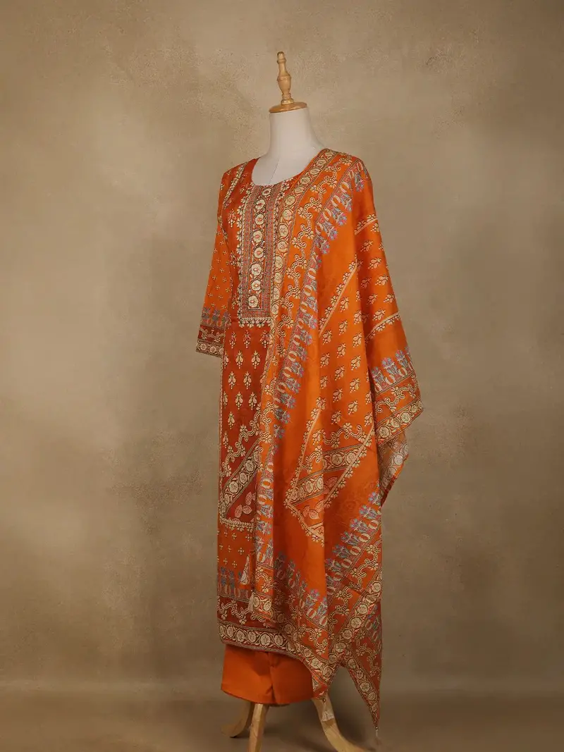 Orange Floral Designed Semi Silk Salwar Suit 3