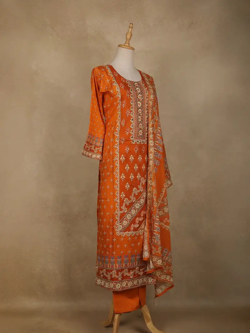 Orange Floral Designed Semi Silk Salwar Suit 4