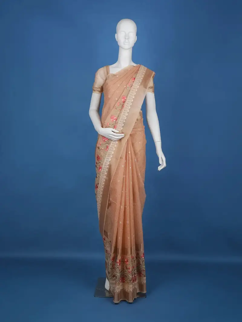 Orange Floral Designed Tissue Organza Saree 1