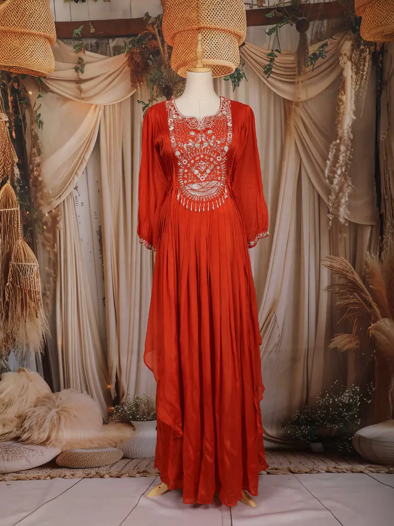 Orange Floral Embroidered Chiffon Gown 1