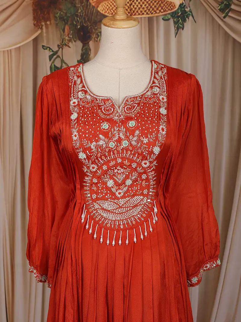 Orange Floral Embroidered Chiffon Gown 2