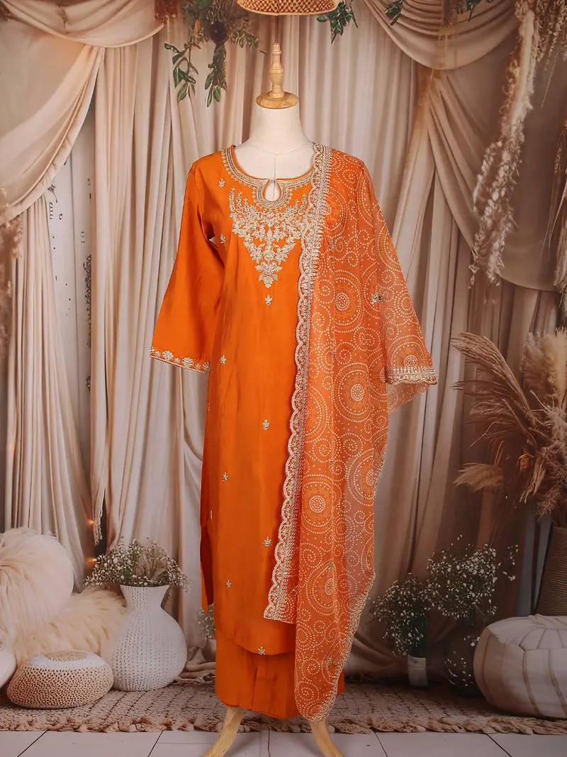 Orange Floral Embroidered Design Cotton Straight Cut Salwar Suit With Designer Dupatta 1