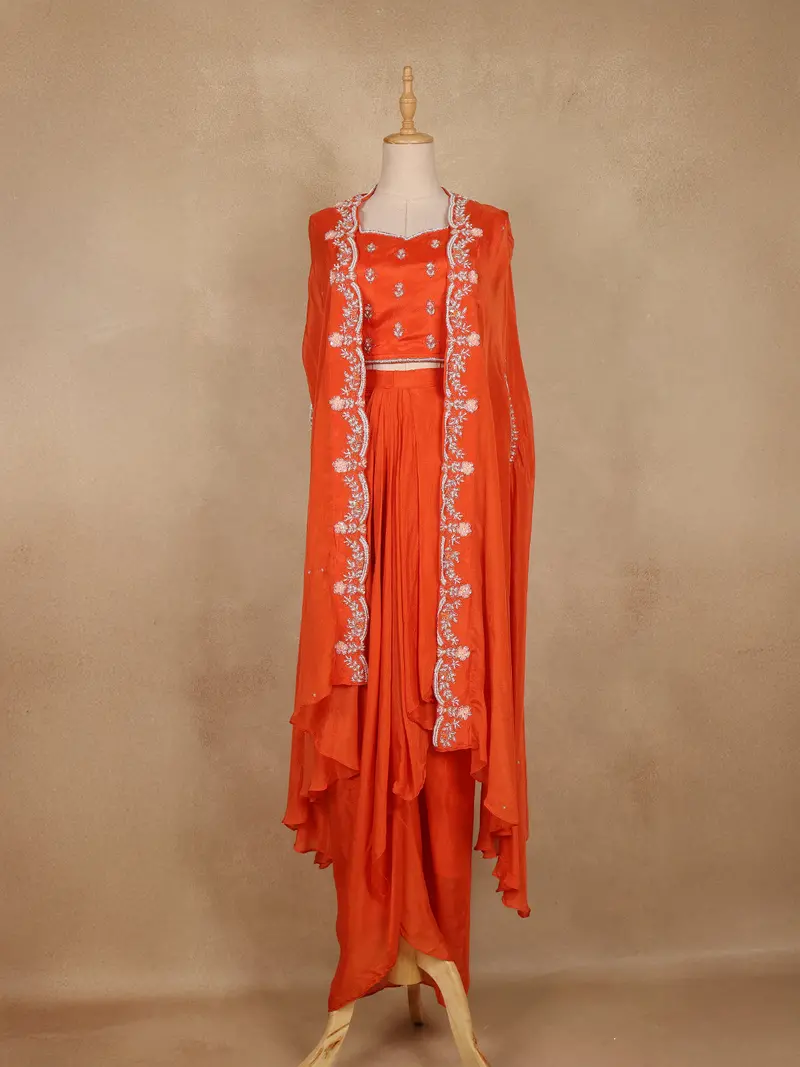 Orange Floral Embroidered Design Georgette Skirt Top With Dupatta 1