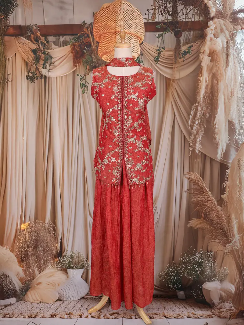 Orange Floral Embroidered Design Tissue Organza Palazzo Suit 1