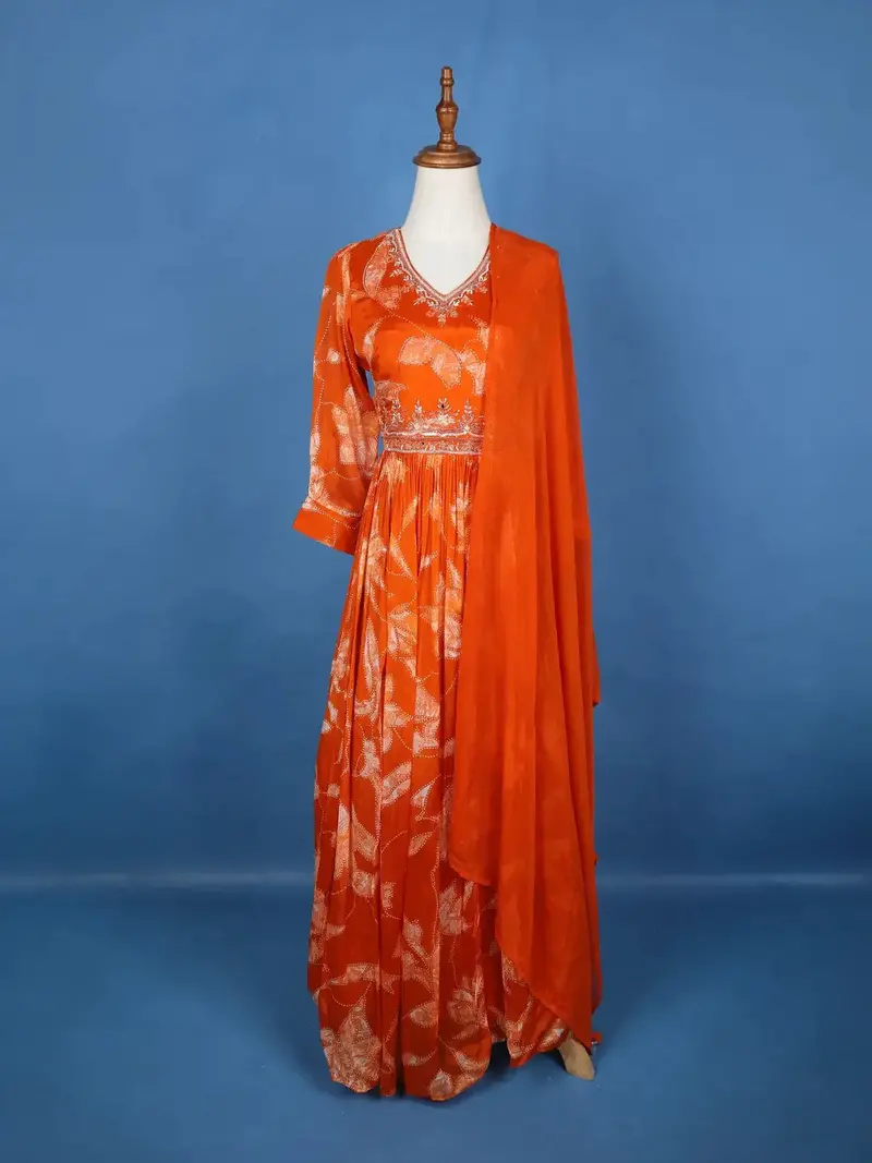 Orange Floral Embroidery Crepe Gown 1