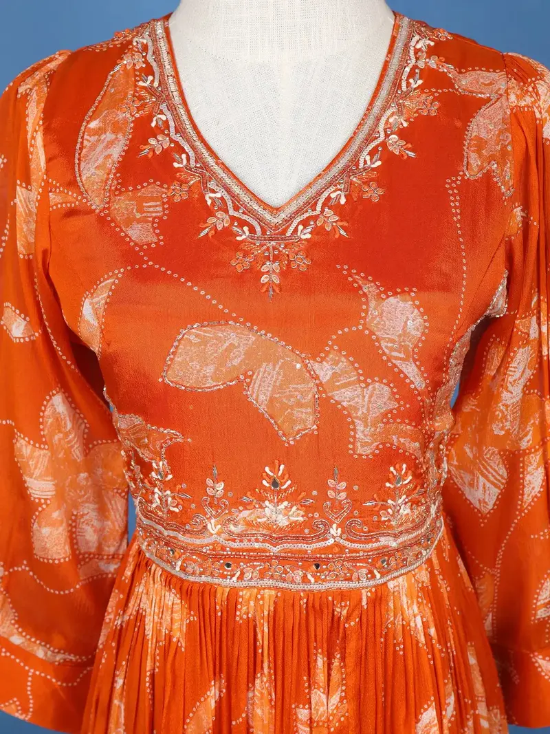 Orange Floral Embroidery Crepe Gown 2