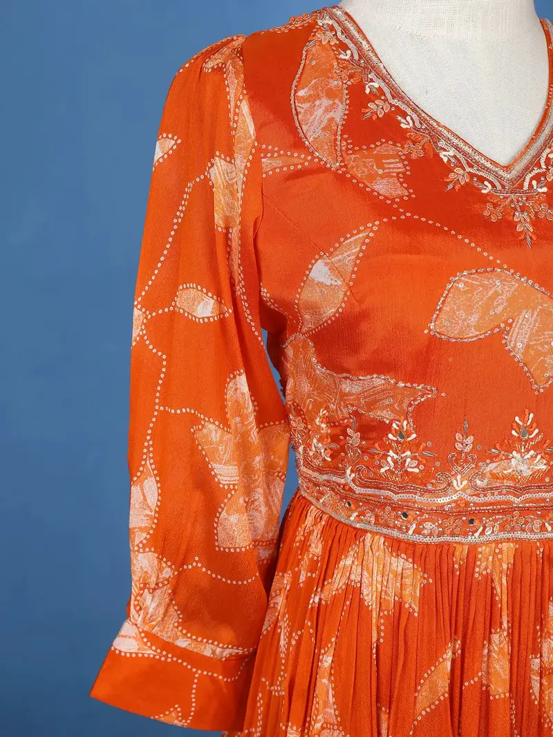 Orange Floral Embroidery Crepe Gown 3