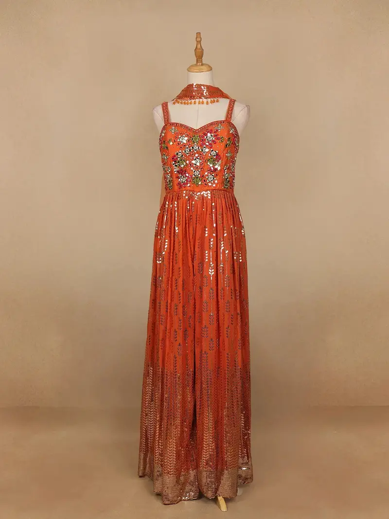 Orange Floral Mirror Embroidery Georgette Jumpsuit 1
