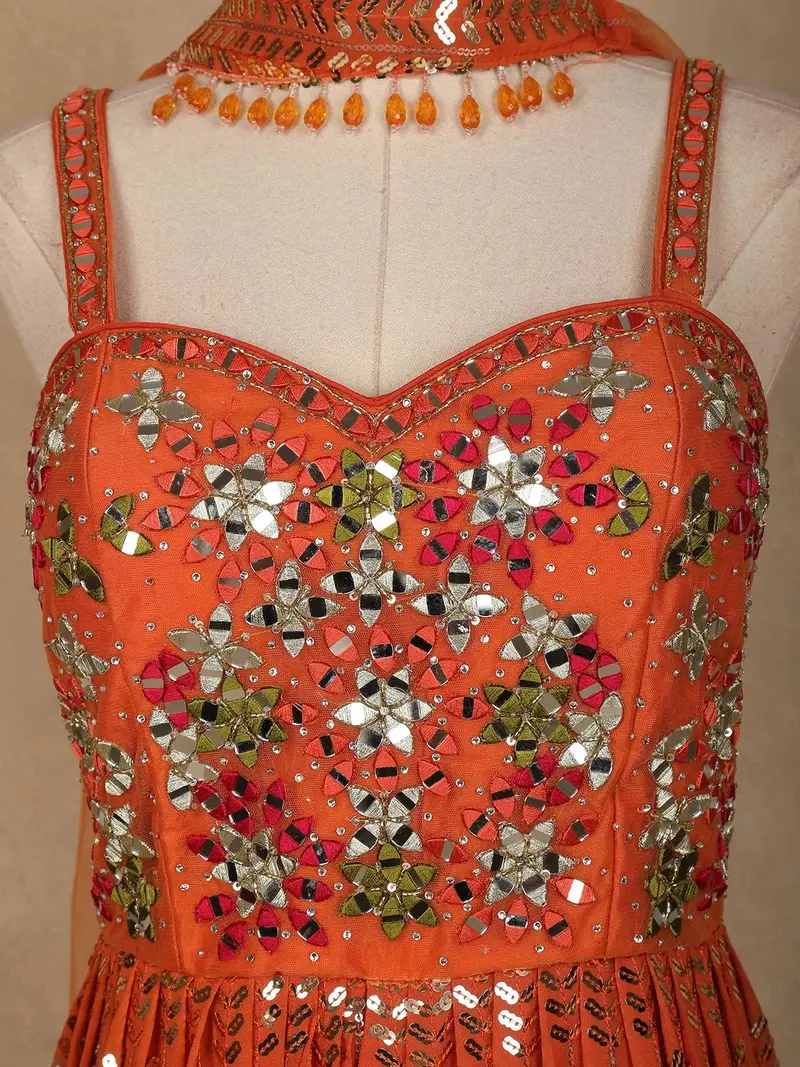 Orange Floral Mirror Embroidery Georgette Jumpsuit 2