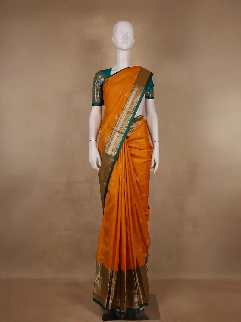 Orange Floral Motif Banarasi Silk Saree 1