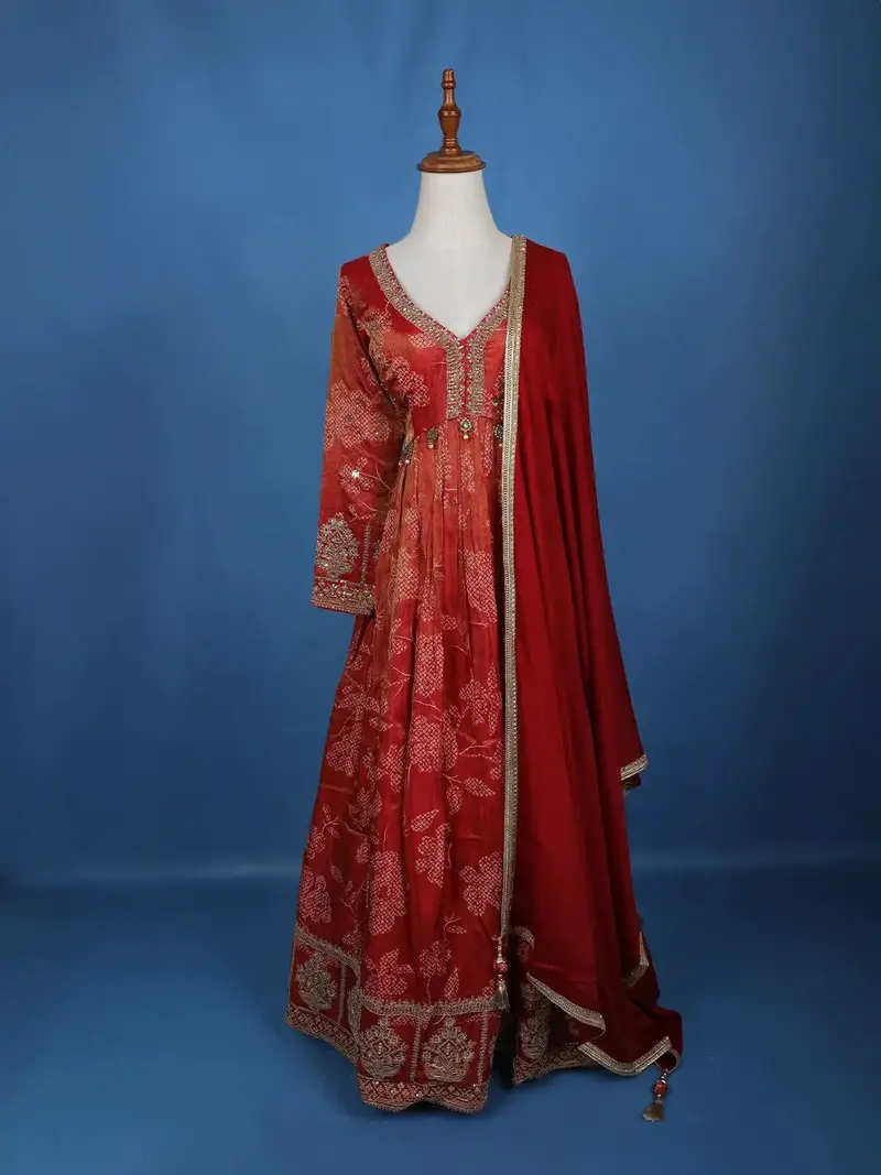 Orange Floral Motif Bead And Printed Georgette Gown 1