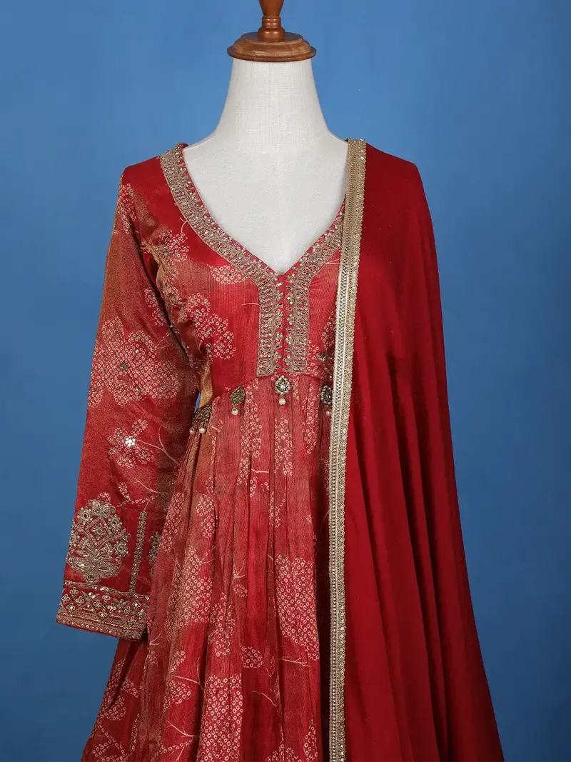 Orange Floral Motif Bead And Printed Georgette Gown 2