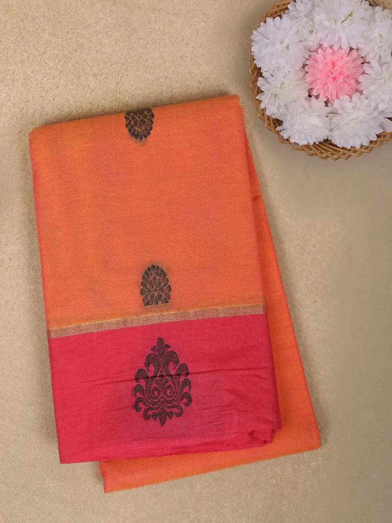 Orange Floral Motif Design Cotton Saree With Contrast Red Border 1