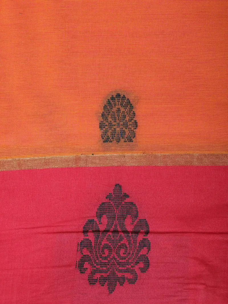 Orange Floral Motif Design Cotton Saree With Contrast Red Border 2